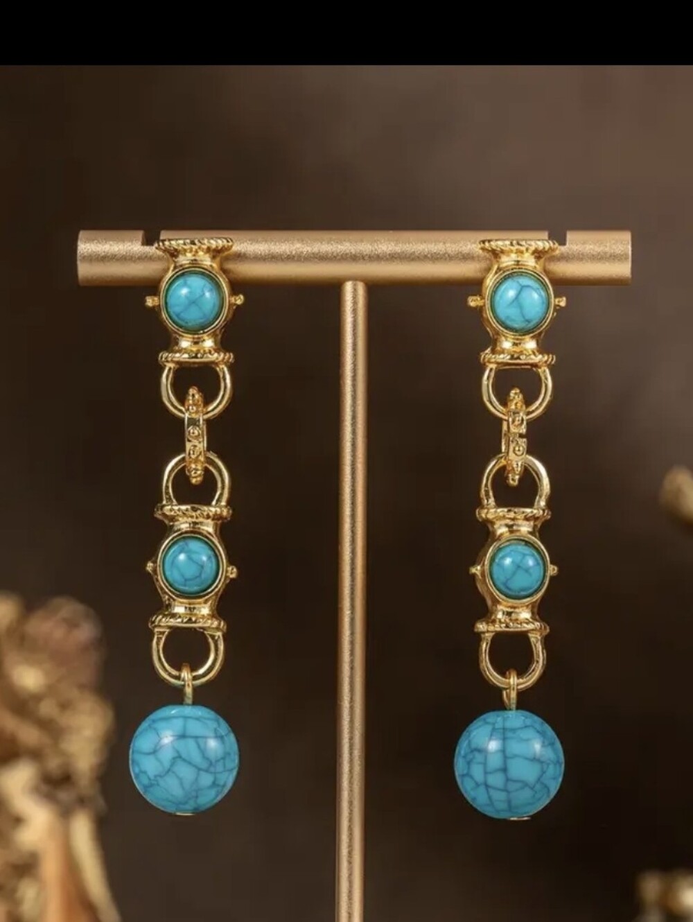 Gold Plated Matte Turqouise Blue Byzantine Earrings